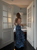 Whimsical Mermaid Spagehtti Strap Long Prom Dress Corset Back Navy Blue Long Formal Birthday Dresses HZ0311