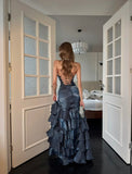 Ethereal Mermaid Spagehtti Strap Long Prom Dress Corset Back With Slit Split Navy Blue Long Ball Gowns Formal 18th Birthday Dresses HZ0311