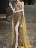 Modest Mermaid Strapless Gold Long Sleeves Slit Sequins Prom Dresses Inspiration Long Party Evening Dress 21st Birthday Outfits HZ0311