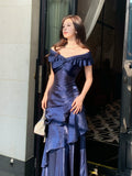 Elegant Mermaid Off The Shoulder Navy Blue Long Prom Dresses 16th Nigh Party Birthday Outfits HZ0311
