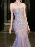 Modest Mermaid Strapless Lilac Sequins Prom Dresses Inspiration Long Party Evening Dress 21st Birthday Outfits HZ0311