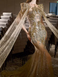 Luxurious Wedding Dresses Mermaid Scoop Neck Long Sleeves Gold With Sleeves Cape Sequins Brides Dress For Fitted Bridal Gowns HZ0311