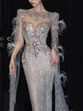 Luxurious Wedding Dresses Mermaid Scoop Neck Long Sleeves Silver Sequins Brides Dress Style For Brides Fitted Bridal Gowns HZ0311