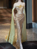Modest Mermaid Strapless Gold Long Sleeves Slit Sequins Prom Dresses Inspiration Long Party Evening Dress 21st Birthday Outfits HZ0311