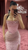 Unique Mermaid Spaghetti Straps Silver Sequin Pink Prom Dresses Long Party Dress 22th Birthday Outfits Formal Gown HZ0311