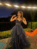 Vintage Ball Gown Spaghetti Straps Navy Blue Tulle Long Prom Dresses Inspiration Party Dress Prom Gowns HZ0311