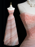 Timeless Ball Gown Strapless Pink Tulle Beaded Long Prom Dresses For Teens Formal Dress Birthday Outfits Prom Gown HZ0311