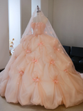 Cute Ball Gown Strapless Blush Pink Tulle Flowers Long Prom Dress Sweet 15 16 Dresses HZ0311