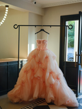 Cute Ball Gown Strapless Blush Pink Tulle Flowers Long Prom Dress Sweet 15 16 Dresses HZ0311
