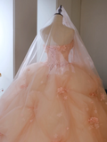Cute Ball Gown Strapless Blush Pink Tulle Flowers Long Prom Dress Sweet 15 16 Dresses HZ0311