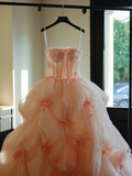 Fairy-tale Ball Gown Strapless Blush Pink Tulle Flowers Long Quinceanera Dress Sweet 15 16 Dresses HZ0311