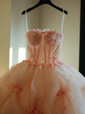 Fairy-tale Ball Gown Strapless Blush Pink Tulle Flowers Long Quinceanera Dress Sweet 15 16 Dresses HZ0311