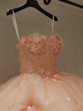 Fairy-tale Ball Gown Strapless Blush Pink Tulle Flowers Long Quinceanera Dress Sweet 15 16 Dresses HZ0311