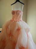 Cute Ball Gown Strapless Blush Pink Tulle Flowers Long Prom Dress Sweet 15 16 Dresses HZ0311