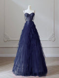 A-Line Sweetheart Neck Tulle Dark Blue Long Prom Dress, Dark Blue Long Graduation Dress With Beads HZ0311