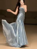 Light Blue Strapless Pleated Prom Dresses Evening Formal Gown Semi Formal Grad Long Prom Dress For Teens HZ0311