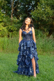 Special Ball Gown Sweetheart Strap Dark Navy Blue Lace With High Slit Sleeveless Long Prom Dresses Inspo Prom Gown HZ0311