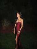 Simple Mermaid Spaghetti Strap Sleeveless Wine Red Burgundy Slit Long Satin Prom Dress Inspo Prom Gown HZ0311