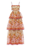 Elegant Spaghetti Straps Floral Print Ruffles Long Prom Dress Party Gowns HZ0311