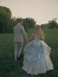 Charming Off The Shoulder Blue Tulle Lace Appliques Layered Mermaid Party Dress Long Evening Gown HZ0311