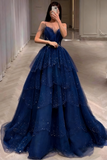Gorgeous Blue Sparkly Tulle Beaded Prom Dress, Tiered Formal Gown with Rhinestone Party Gowns HZ0311