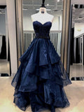 Elegant Ball Gown Sweetheart Navy Blue Tulle Long Prom Dresses Formal Teens Party Dress Vestidos De Dia HZ0311