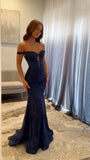 Aesthetic Navy Blue Mermaid Lace Appliques Prom Dresses Long for Women Off the Shoulder Illusion Formal Dress HZ0311