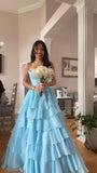 Unique Ball Gown Sweetheart Blue Chiffon Slit Prom Dresses Formal Long Tiered Evening Party Gowns Vestidos De Dia HZ0311