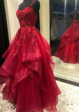 Modest Ball Gown Spaghetti Straps Burgundy Tulle Lace Long Prom Dress Evening Formal Gowns HZ0311