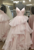 Elegant Ball Gown Spaghetti Straps Light Pink Long Tulle Prom Dresses Vestidos De Dia HZ0311