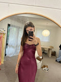 Elegant Mermaid Spaghetti Straps Burgundy Deep Red Satin Long Prom Dresses Formal Party Gowns Vestidos De Dia HZ0311