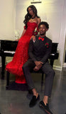 Gorgeous Mermaid Off The Shoulder Red Sequins Beaded Bodice Prom Dresses Long Formal Party Gown HZ0311