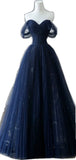 A-Line Off Shoulder Tulle Lace Dark Blue Long Prom Dresses HZ0311