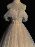 Princess Ball Gown Spaghetti Strap White Flowers Spring Tulle Inspiration Long Prom Dresses HZ0311