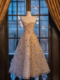 Cute Ball Gown Sweetheart Floral Tulle Tea Length Prom Dresses Formal Gowns Inspo Evening Outfit HZ0311