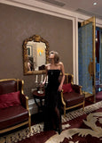 Chic Mermaid Strapless Black Satin With Ruffles Prom Dress Long Birthday Party Gown Evening Dresses HZ0311